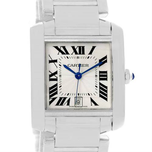This is a front view of a Cartier Tank Francaise W50011S3 White Gold Silver Dial W50011S3 White Gold Silver Dial watch, showcasing its rectangular face, Roman numerals, and steel bracelet.