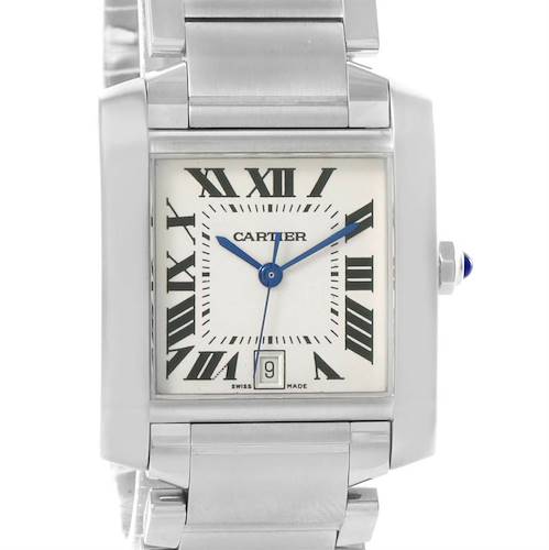 The image shows a front view of a Cartier Tank Francaise Stainless Steel Silver Dial Stainless Steel Silver Dial watch, displaying its face, Roman numerals, and metal bracelet.