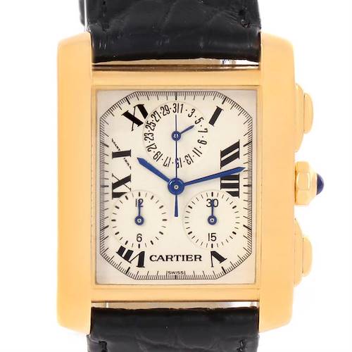 This Cartier Tank Francaise W5000556 Men's Yellow Gold Silver Dial W5000556 Men's Yellow Gold Silver Dial watch is shown from the front, displaying the dial, hands, sub-dials, case, and part of the leather strap.