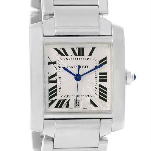This image shows a frontal view of a Cartier Tank Française watch, displaying its rectangular face, blue hands, Roman numerals, and metal bracelet.