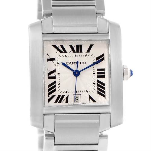 The image shows a close-up, front view of the Cartier Tank Française watch, highlighting its face, hour markers, hands, and bracelet.