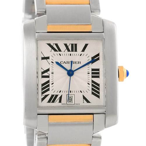 This image shows a close-up, front-facing view of a Cartier Tank Francaise W51005Q4 Men's Steel and Gold (two tone) Silver Dial W51005Q4 Men's Steel and Gold (two tone) Silver Dial watch, highlighting the face, hands, and part of the bracelet.