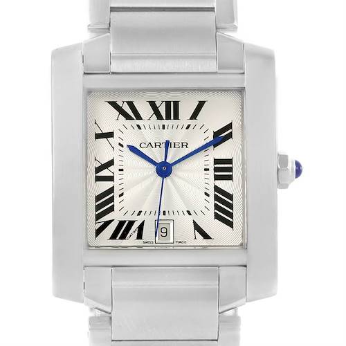 This image shows a close-up of the Cartier Tank Francaise W51002Q3 Men's Stainless Steel Silver Dial W51002Q3 Men's Stainless Steel Silver Dial watch face, including the Roman numeral dial, blue hands, and bracelet.