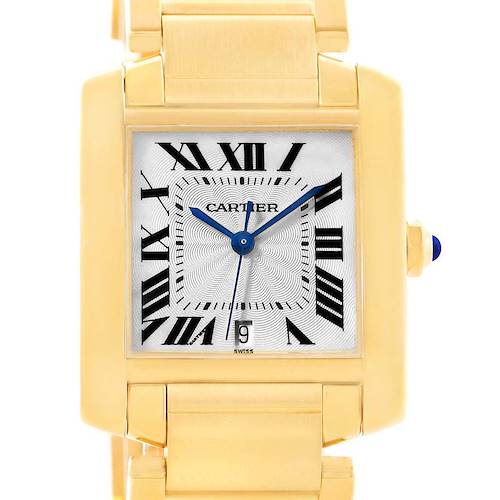 This image shows a frontal view of a Cartier Tank Francaise W50001R2 Yellow Gold Silver Dial W50001R2 Yellow Gold Silver Dial watch, highlighting the dial, hands, and part of the bracelet.