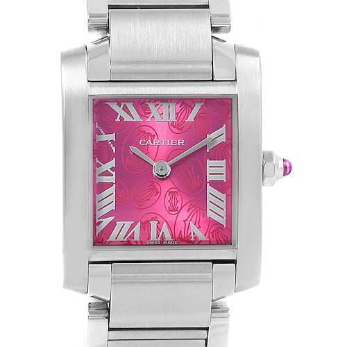 The image shows a front view of the Cartier Tank Francaise W51030Q3 Women's Stainless Steel White Dial W51030Q3 Women's Stainless Steel White Dial watch, displaying its pink dial, Roman numerals, and stainless steel bracelet.