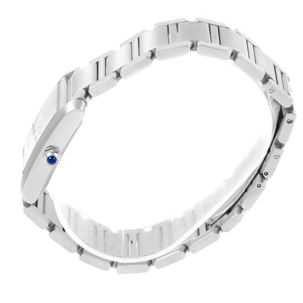 Side angle view of the Cartier Tank Francaise W51002Q3 Men's Stainless Steel Silver Dial W51002Q3 Men's Stainless Steel Silver Dial watch, highlighting the bracelet and sapphire crown.