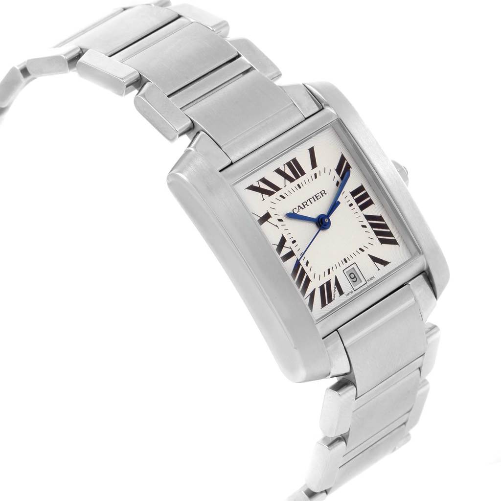 The Tank Francaise by Cartier is shown at an oblique angle, highlighting its rectangular dial, bracelet, and bezel.