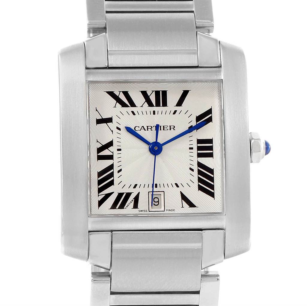 The image shows a frontal view of the Cartier Tank Francaise W51002Q3 Men's Stainless Steel Silver Dial W51002Q3 Men's Stainless Steel Silver Dial watch, displaying its face, bracelet, and blue hands.