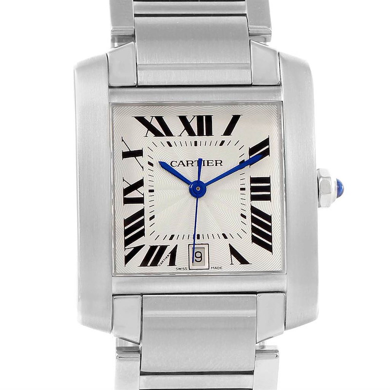 The image shows a frontal view of the Cartier Tank Francaise W51002Q3 Men's Stainless Steel Silver Dial W51002Q3 Men's Stainless Steel Silver Dial watch, displaying its face, bracelet, and blue hands.