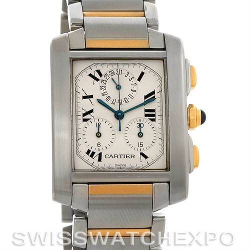 This image shows a frontal view of a Cartier Tank Francaise W51004Q4 Men's Steel and Gold (two tone) Silver Dial W51004Q4 Men's Steel and Gold (two tone) Silver Dial watch, highlighting its rectangular face, Roman numeral markers, and metal bracelet.