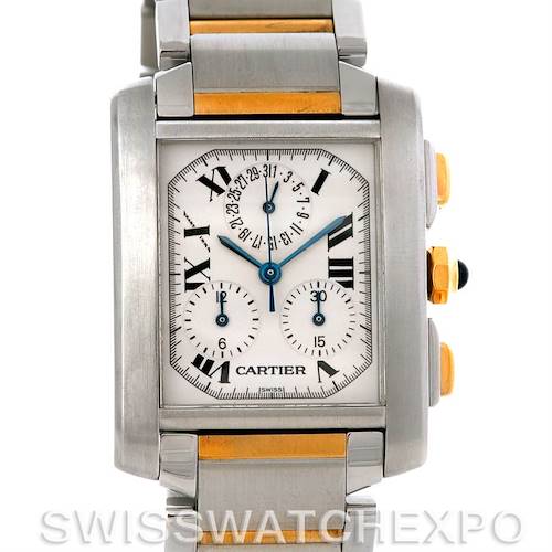 Front view of a Cartier Tank Francaise W51004Q4 Men's Steel and Gold (two tone) Silver Dial W51004Q4 Men's Steel and Gold (two tone) Silver Dial watch, showing the face, Roman numerals, and two-tone bracelet.