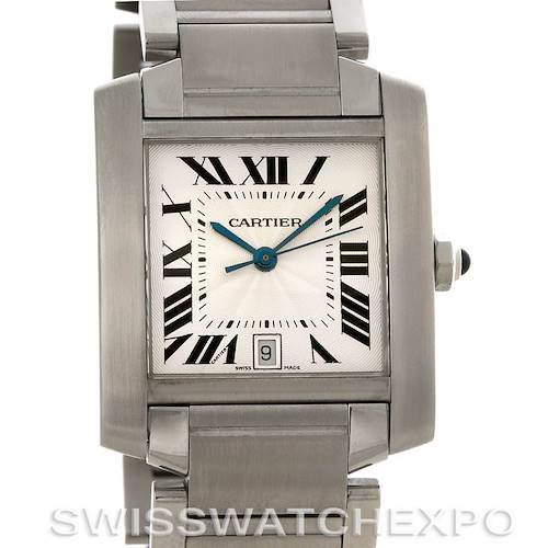 This image shows the front view of a Cartier Tank Francaise W51002Q3 Men's Stainless Steel Silver Dial W51002Q3 Men's Stainless Steel Silver Dial watch, featuring its rectangular face, Roman numerals, and metal bracelet.