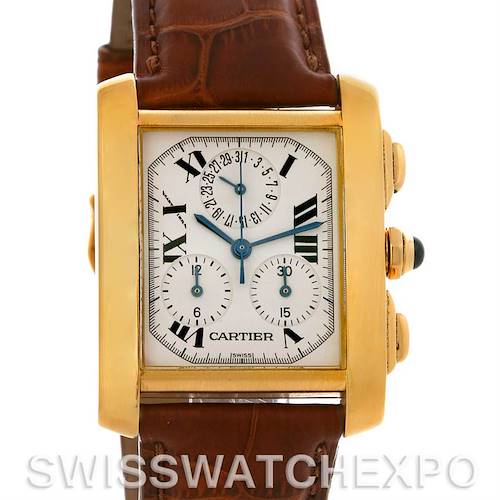 This image shows a front view of a Cartier Tank Francaise W5000556 Men's Yellow Gold Silver Dial W5000556 Men's Yellow Gold Silver Dial watch, highlighting its dial and brown leather strap.