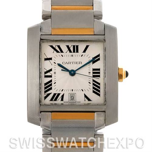 The Cartier Tank Francaise W51005Q4 Men's Steel and Gold (two tone) Silver Dial W51005Q4 Men's Steel and Gold (two tone) Silver Dial watch is shown from a front angle, displaying its face, bezel, and bracelet.