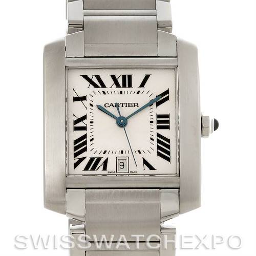 The image shows a front view of a Cartier Tank Française watch, highlighting the dial, Roman numerals, hands, and part of the bracelet.