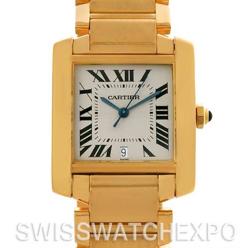 The image shows a frontal view of the Cartier Tank Francaise W50001R2 Men's Yellow Gold Silver Dial W50001R2 Men's Yellow Gold Silver Dial watch, displaying the face, Roman numeral markers, and part of the gold bracelet.