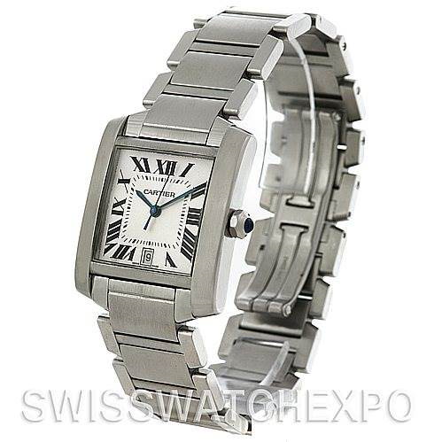The image shows a Cartier Tank Francaise W51002Q3 Men's Stainless Steel Silver Dial W51002Q3 Men's Stainless Steel Silver Dial watch from an angled view, highlighting its rectangular face, Roman numerals, and metal bracelet.