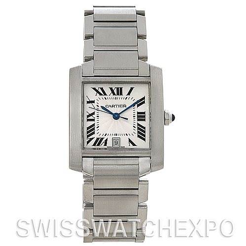 The Cartier Tank Francaise W51002Q3 Men's Stainless Steel Silver Dial W51002Q3 Men's Stainless Steel Silver Dial watch is shown from a front angle, displaying its square face, bracelet, and Roman numeral hour markers.