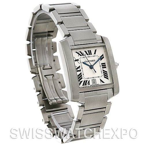 This image shows a side-angle view of a Cartier Tank Francaise W51002Q3 Men's Stainless Steel Silver Dial W51002Q3 Men's Stainless Steel Silver Dial watch, highlighting its rectangular face and metal bracelet.