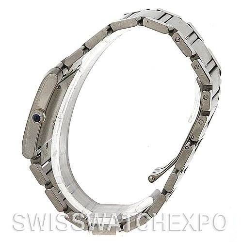 This image shows a side view of the Cartier Tank Francaise W51002Q3 Men's Stainless Steel Silver Dial W51002Q3 Men's Stainless Steel Silver Dial watch, highlighting its bracelet and side profile, including the crown with a blue cabochon.