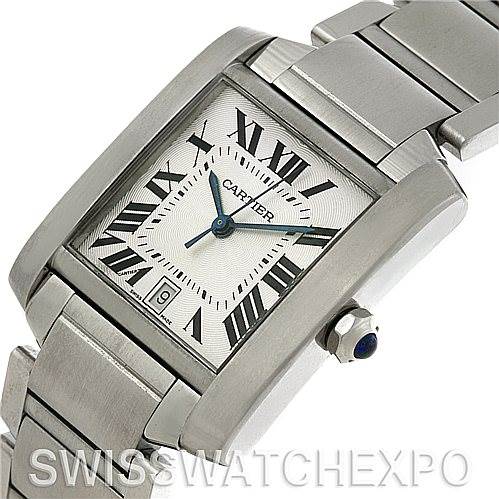 The image shows a Cartier Tank Francaise W51002Q3 Men's Stainless Steel Silver Dial W51002Q3 Men's Stainless Steel Silver Dial watch at an angle highlighting the face, bracelet, crown, and Roman numerals.