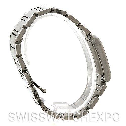 This side view of the Cartier Tank Francaise W51002Q3 Men's Stainless Steel Silver Dial W51002Q3 Men's Stainless Steel Silver Dial model showcases the bracelet and case of the watch.