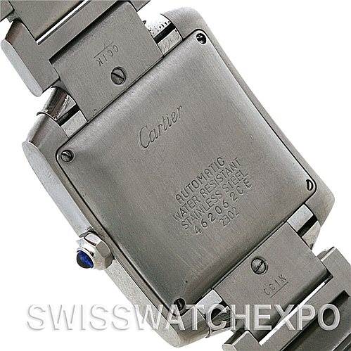The image shows the back of a Cartier Tank Francaise W51002Q3 Men's Stainless Steel Silver Dial W51002Q3 Men's Stainless Steel Silver Dial watch, displaying the case back, clasp, and a blue gemstone on the crown.