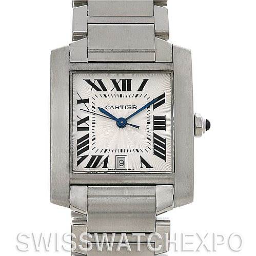 This image shows a front view of the Cartier Tank Francaise W51002Q3 Men's Stainless Steel Silver Dial W51002Q3 Men's Stainless Steel Silver Dial watch displaying the face, hands, and part of the band.