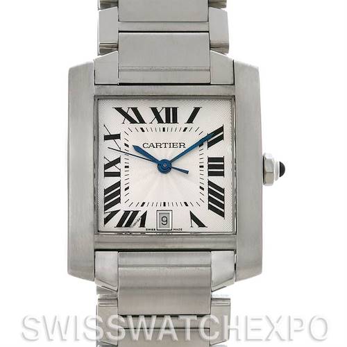 The Tank Française by Cartier is shown from a top-down angle, highlighting the face, bezel, crown, case, and part of the bracelet.