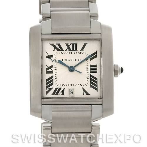 The image shows a front view of a Cartier Tank Francaise W51002Q3 Men's Stainless Steel Silver Dial W51002Q3 Men's Stainless Steel Silver Dial watch, including the face, bezel, and partial bracelet.