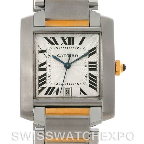 The image shows a close-up of the Cartier Tank Francaise W51005Q4 Men's Steel and Gold (two tone) Silver Dial W51005Q4 Men's Steel and Gold (two tone) Silver Dial watch face and part of its metal bracelet.