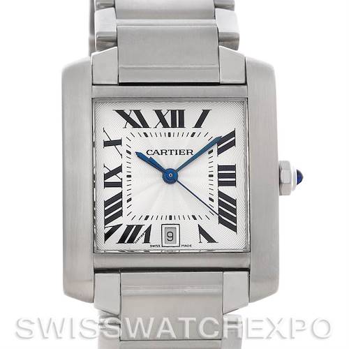 The image shows a front view of the Cartier Tank Française watch, highlighting the dial, crown, and part of the bracelet.