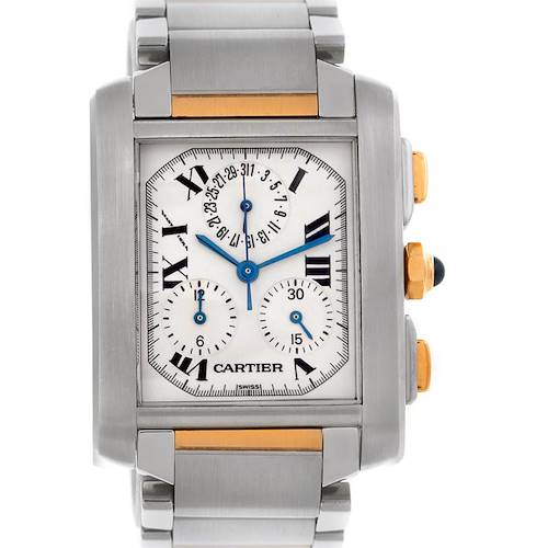 This is a front view of the Cartier Tank Francaise W51004Q4 Men's Steel and Gold (two tone) Silver Dial W51004Q4 Men's Steel and Gold (two tone) Silver Dial watch, displaying its dial, case, and part of the bracelet.