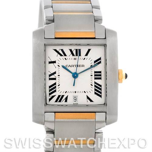 The image shows a close-up, front view of the Cartier Tank Française watch, highlighting its dial, bracelet, and crown.