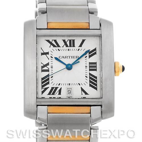 The image shows a front view of a Cartier Tank Francaise W51005Q4 Men's Steel and Gold (two tone) Silver Dial W51005Q4 Men's Steel and Gold (two tone) Silver Dial watch, highlighting its rectangular face, Roman numerals, and metal bracelet.