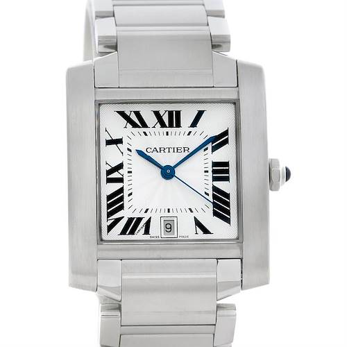 This image shows a frontal view of the Cartier Tank Francaise W51002Q3 Men's Stainless Steel Silver Dial W51002Q3 Men's Stainless Steel Silver Dial watch, highlighting its face, Roman numerals, and bracelet.