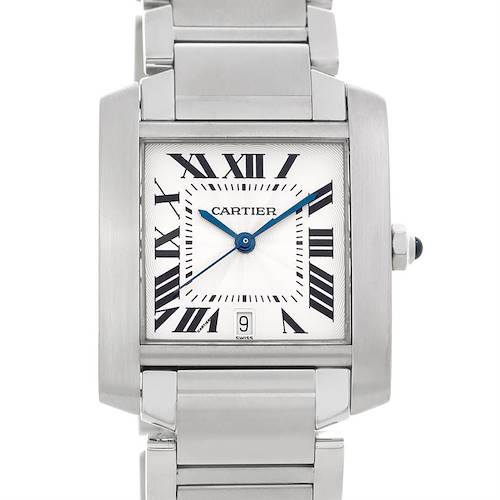 This image shows the front view of a Cartier Tank Francaise W51002Q3 Men's Stainless Steel Silver Dial W51002Q3 Men's Stainless Steel Silver Dial watch, featuring its dial and part of the metal bracelet.