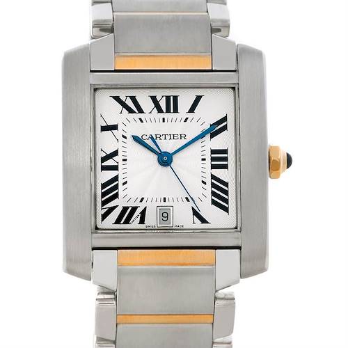 The image shows a front view of the Cartier Tank Francaise W51005Q4 Men's Steel and Gold (two tone) Silver Dial W51005Q4 Men's Steel and Gold (two tone) Silver Dial watch, highlighting the face, bezel, and part of the bracelet.