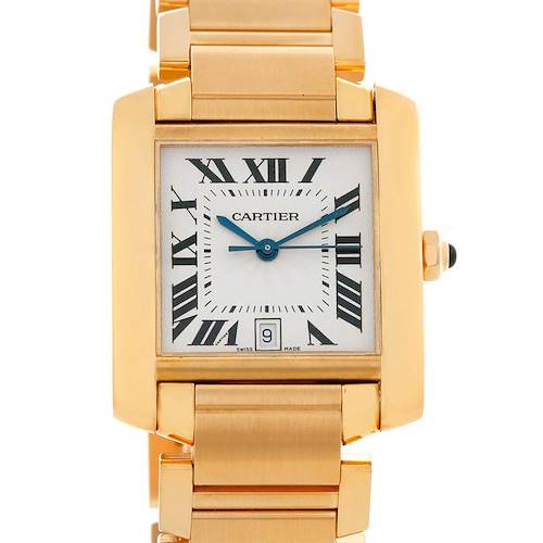 This image shows a top-down view of the Cartier Tank Francaise W50001R2 Men's Yellow Gold Silver Dial W50001R2 Men's Yellow Gold Silver Dial watch, highlighting its gold case, Roman numeral dial, and metal bracelet.