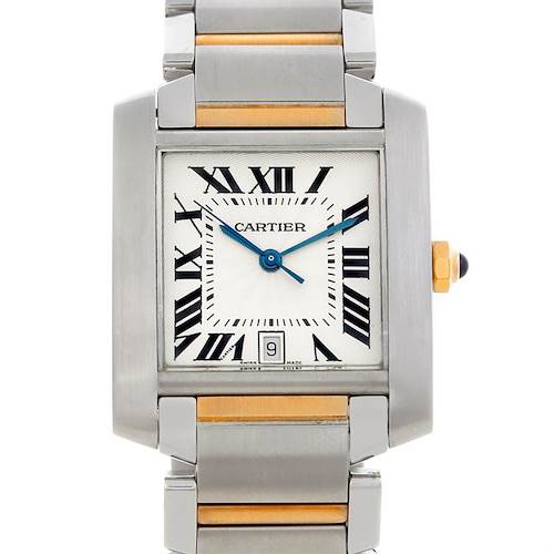 The image shows the front view of a Cartier Tank Francaise W51005Q4 Men's Steel and Gold (two tone) Silver Dial W51005Q4 Men's Steel and Gold (two tone) Silver Dial watch, highlighting its rectangular face, Roman numerals, and stainless steel band.