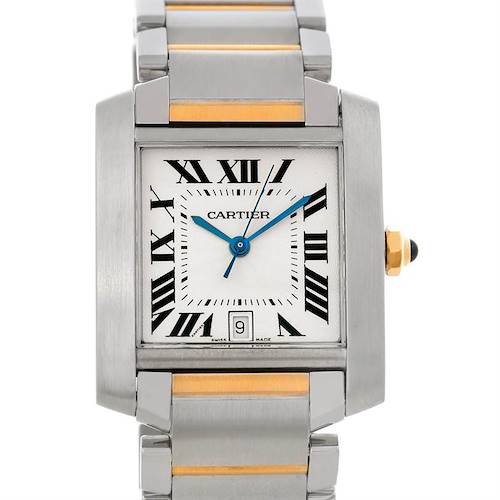 The image shows a Cartier Tank Française watch, front view, displaying the face, hands, date window, and part of the bracelet.
