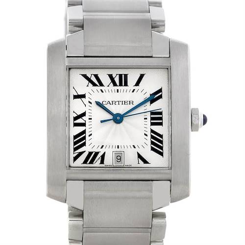 This is a front view of the Cartier Tank Française watch, showing its square face, Roman numeral dial, and metal bracelet.