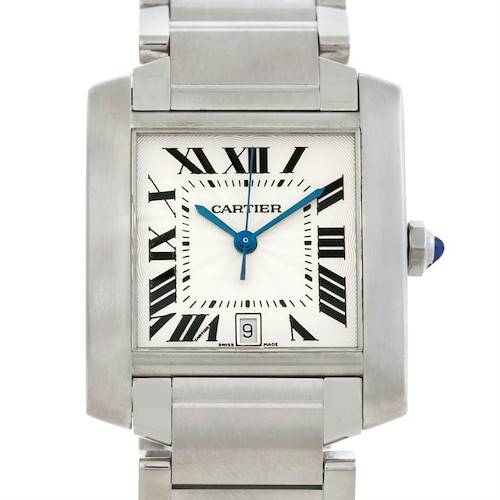 This image shows the front view of a Cartier Tank Francaise W51002Q3 Men's Stainless Steel Silver Dial W51002Q3 Men's Stainless Steel Silver Dial watch, highlighting the dial, Roman numerals, hands, and part of the bracelet.