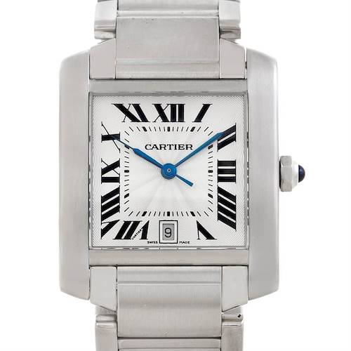 The image shows a front view of a Cartier Tank Francaise W51002Q3 Men's Stainless Steel Silver Dial W51002Q3 Men's Stainless Steel Silver Dial watch, highlighting the face, metal bracelet, and crown.