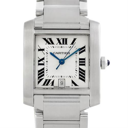 This image shows a frontal view of the Cartier Tank Francaise W51002Q3 Men's Stainless Steel Silver Dial W51002Q3 Men's Stainless Steel Silver Dial watch, displaying the dial, hands, date window, and part of the bracelet.