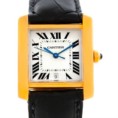 The image shows a front view of the Cartier Tank Française watch, detailing its square dial, Roman numerals, and leather strap.