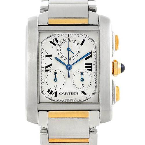 This image shows a front view of the Cartier Tank Francaise W51004Q4 Men's Steel and Gold (two tone) Silver Dial W51004Q4 Men's Steel and Gold (two tone) Silver Dial watch, highlighting its rectangular face and metal bracelet.