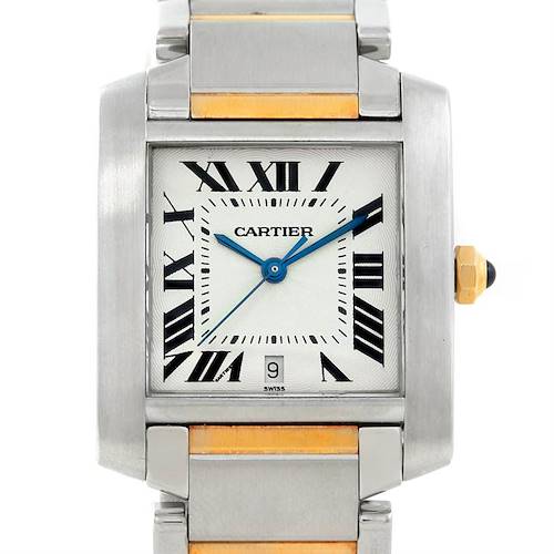 Front view of the Cartier Tank Francaise W51005Q4 Men's Steel and Gold (two tone) Silver Dial W51005Q4 Men's Steel and Gold (two tone) Silver Dial watch showing its dial, bezel, hands, crown, and bracelet.