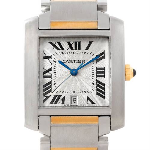 This close-up image of a Cartier Tank Francaise W51005Q4 Men's Steel and Gold (two tone) Silver Dial W51005Q4 Men's Steel and Gold (two tone) Silver Dial watch shows the rectangular face, Roman numerals, blue hands, and part of the metal bracelet.
