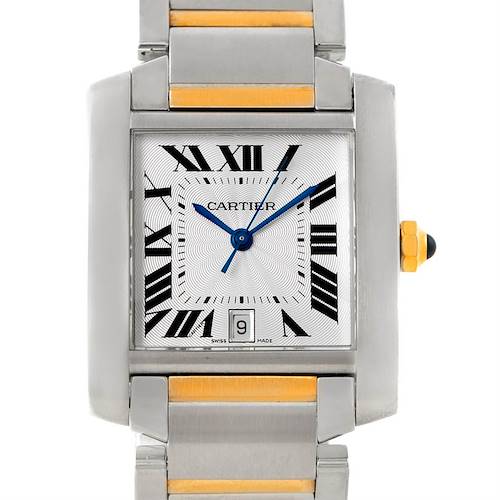 The image shows a front view of the Cartier Tank Française watch, featuring its dial, hands, date window, and part of its bracelet.